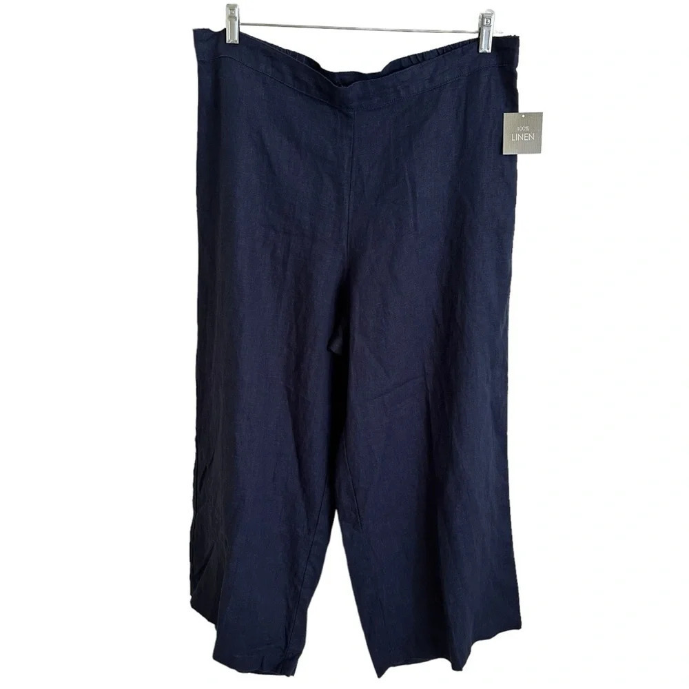 NWT For Cynthia Womens XL 100% Linen Navy Blue Wide Leg Pants Beachy Summer New